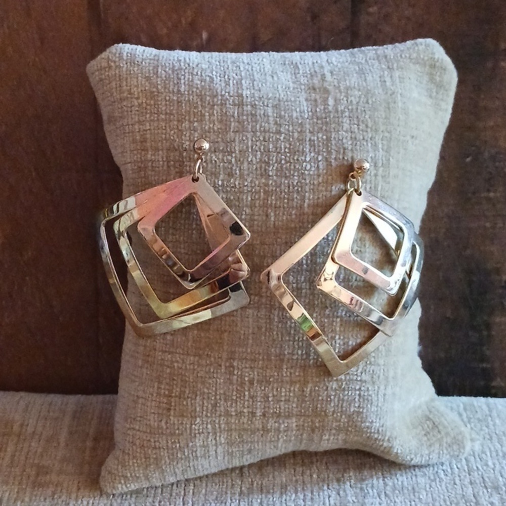 Gold Tone Triple Dangle Square Earrings